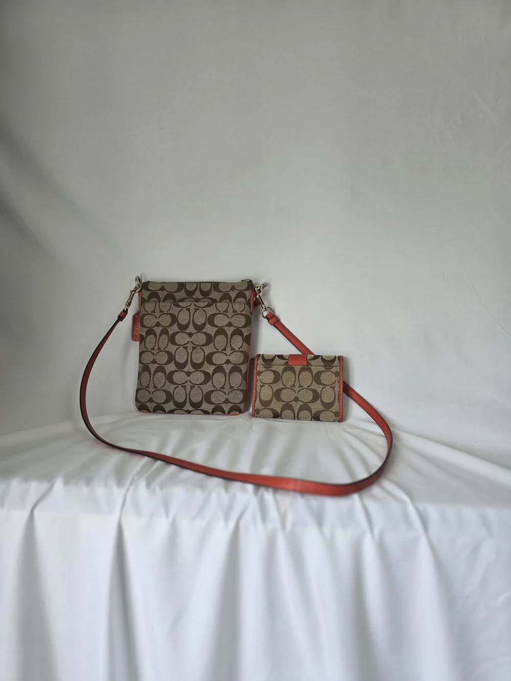 Coach Brown Signature Canvas Crossbody with Coral Trim and Matching Wallet